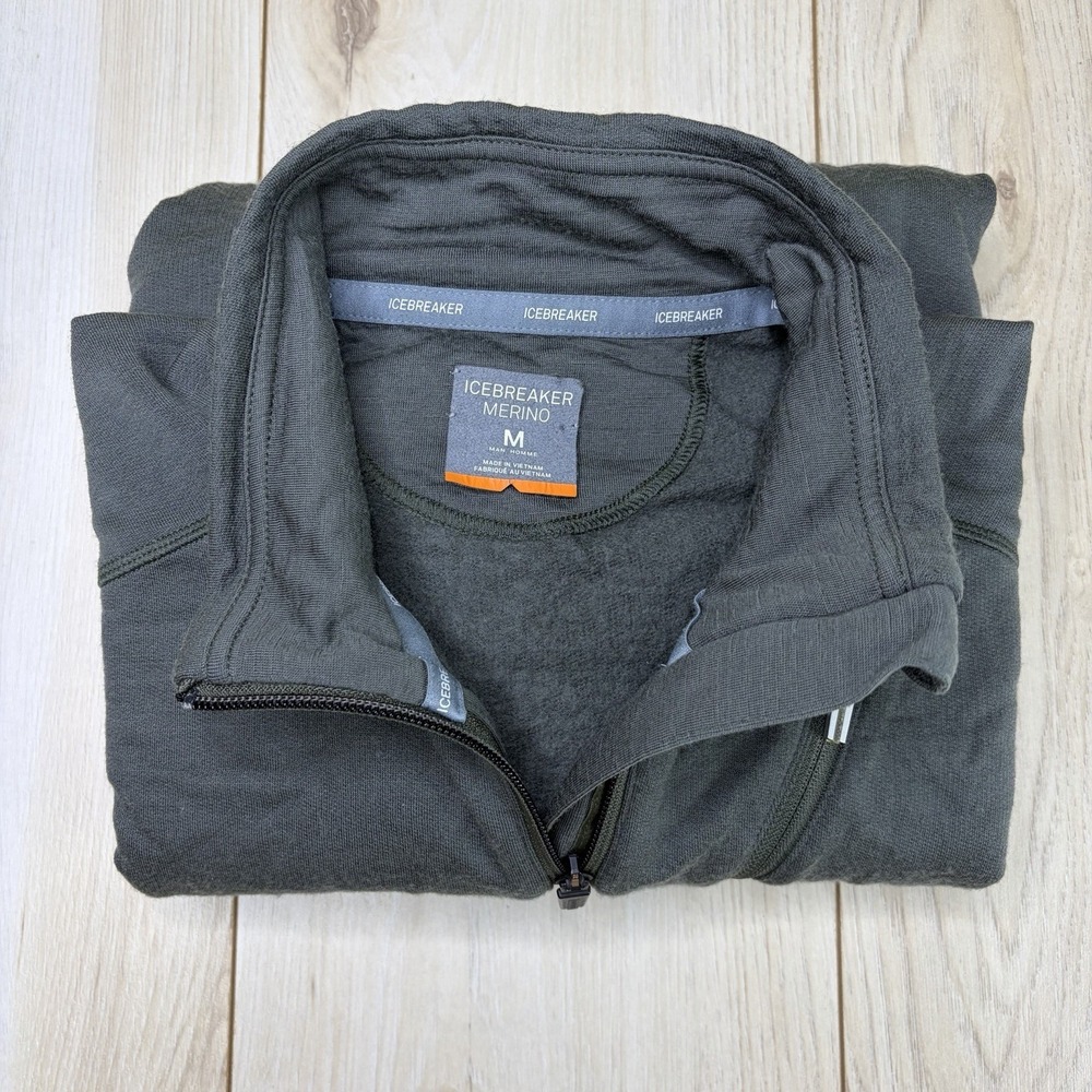 Icebreaker Merino 1/4 Zip 100% Wool Fleece Sweater Mens Medium Green Zip Pockets